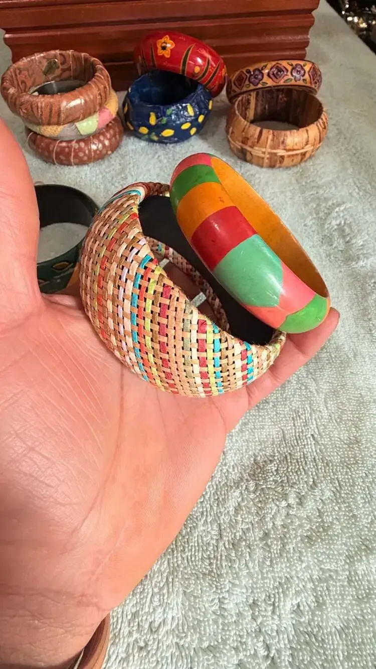 Set of 10 Assorted Vintage Style Boho Wooden and Textured Bangle Bracelets